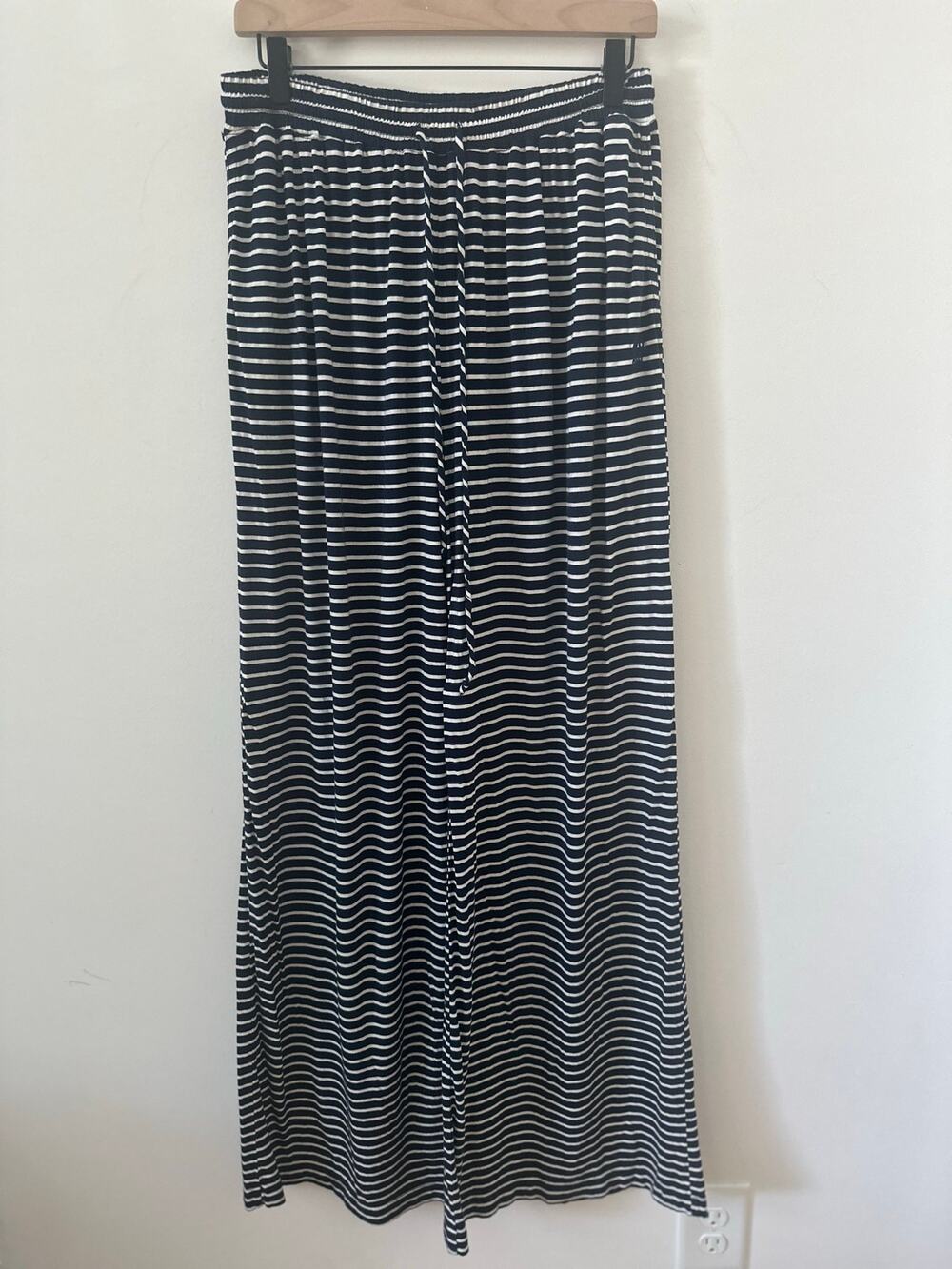 MONROW Lounge Pants Women's SZ XL Navy White Striped Wide Leg Drawstring Waist